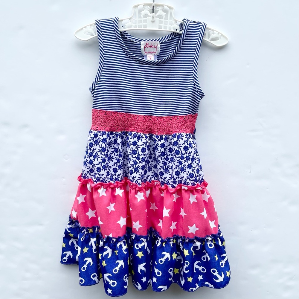 Nautical Tiered Ruffles Dress Pinky Of Los Angeles - Size 4